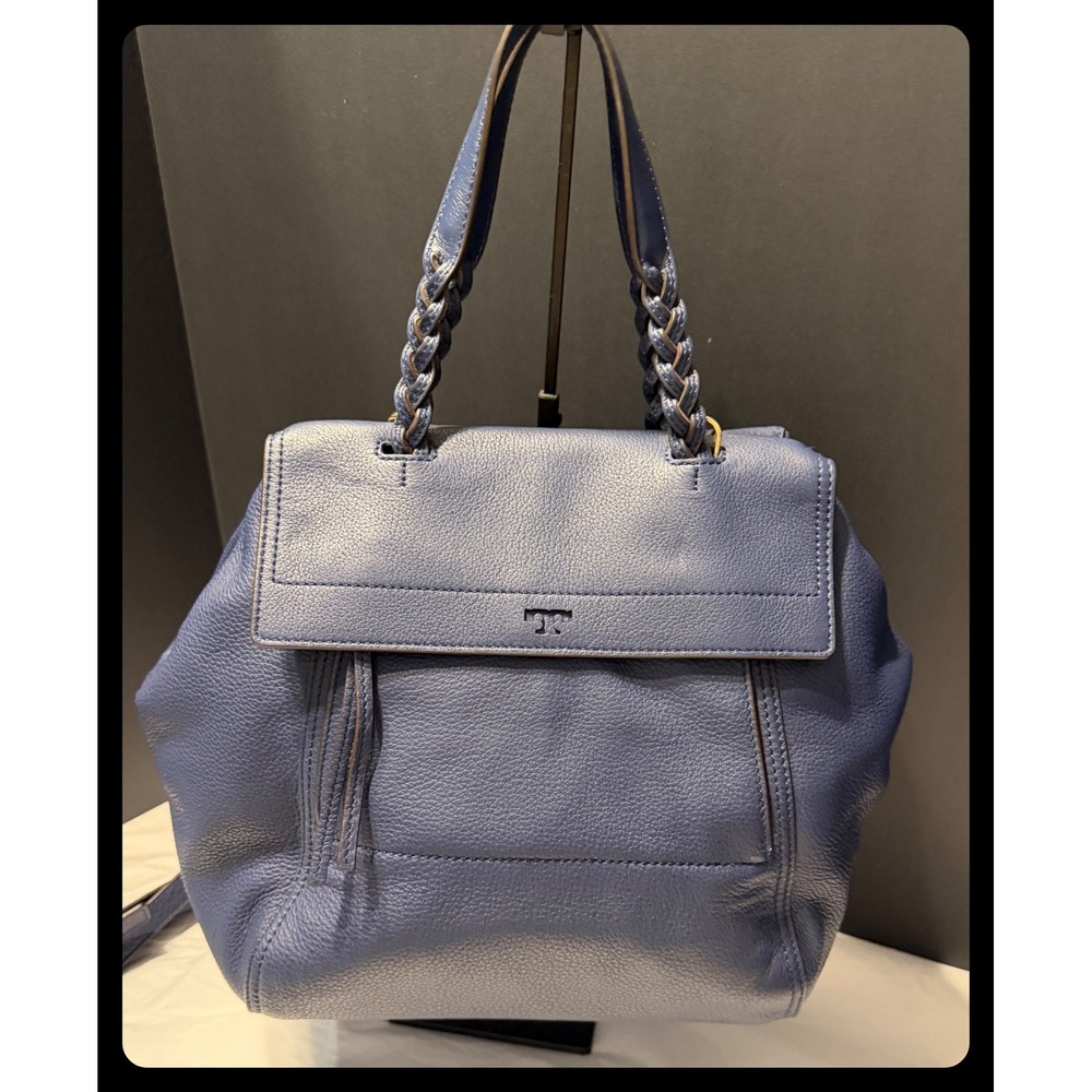 Tory Burch Half Moon Satchel Womens Blue Leather Braided Handle Handbag